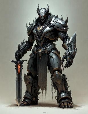 The primary subject of the image is a large, detailed, and intricately designed metal statue of a demon or warrior. The statue is prominently displayed in the foreground, with a sword in its hand. The setting is a white background, which provides a clean and uncluttered environment for the statue. The visual style is a combination of digital art and illustration, showcasing the artist's skill in creating a lifelike and imposing figure. The colors and mood of the image are dark and dramatic, emphasizing the demonic or warrior theme of the statue.